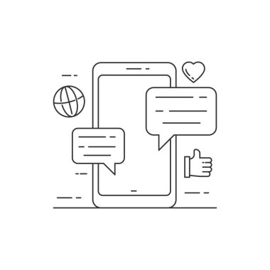 Smartphone with internet elements vector illustration in line style suitable for social media concept. Linear style of internet and social media icon