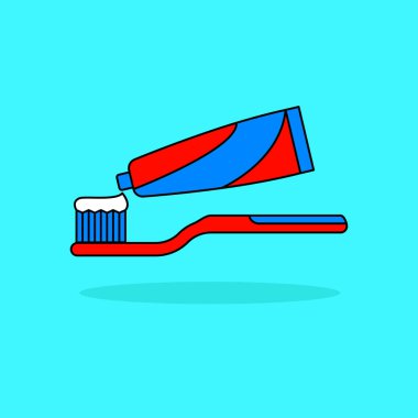 Toothpaste and toothbrush vector illustration isolated on blue background. Linear color style of toothpaste and toothbrush icon