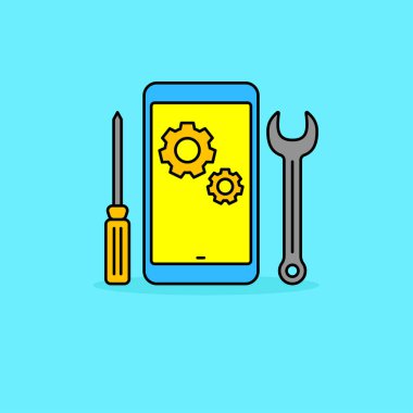 Phone with gear, wrench and screwdriver vector illustration suitable for repairing phone concept vector illustration. Linear color style of repair phone icon