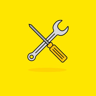 Wrench and screwdriver vector illustration isolated on yellow background. Linear color style of service icon