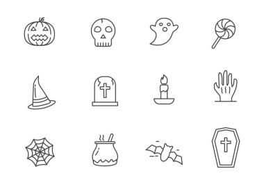 Set of cute Halloween icon in line style isolated on white background. Halloween doodle icons	