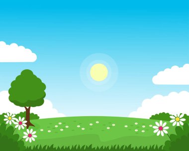 Spring nature landscape vector with green grass, blue sky, and flowers suitable for background or illustration