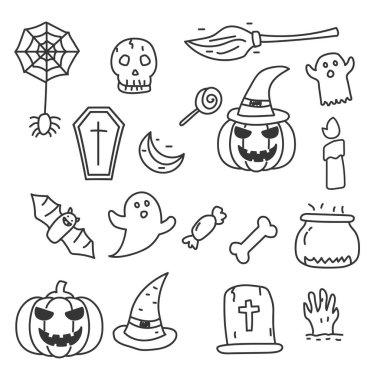 Set of Halloween vector illustration in doodle hand drawn style isolated on white background. Halloween doodle elements