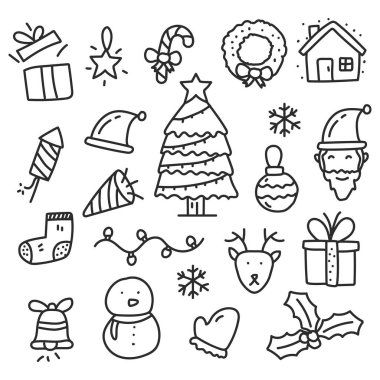 Set of christmas vector illustration in doodle hand drawn style isolated on white background. Christmas doodle elements	