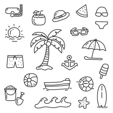 Set of beach elements vector in doodle hand drawn illustration isolated on white background	
