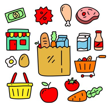 Set of grocery store vector illustration contains foods, shop, trolley and more isolated on white background. Colorful grocery store doodle collection	