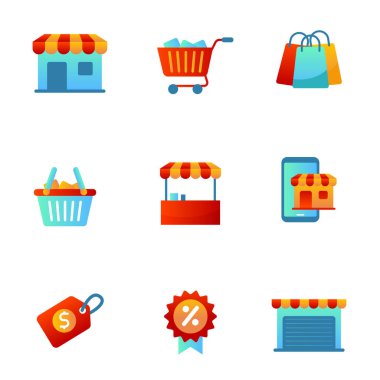 Store and market icon set in colorful gradient style isolated on white background	