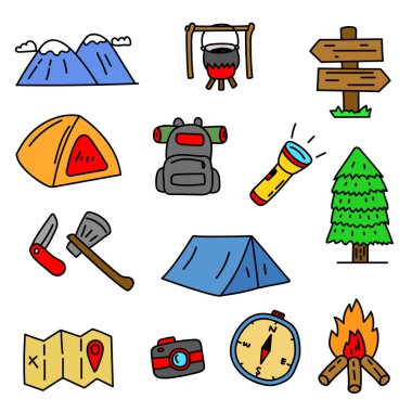 Set of camping related cartoon illustration with hand drawn style isolated on white background. Colorful camping doodle illustration	