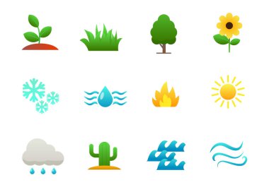 Set of nature elements icons such as flower, plant, sun and more isolated on white background	