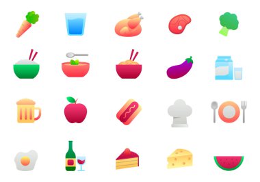 Set of gastronomy and food icons in gradient style. Simple foods vector illustration isolated on white background