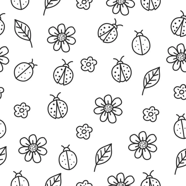 Cute Ladybug Flowers Seamless Pattern Doodle Style Suitable Background Textile — Vetor de Stock
