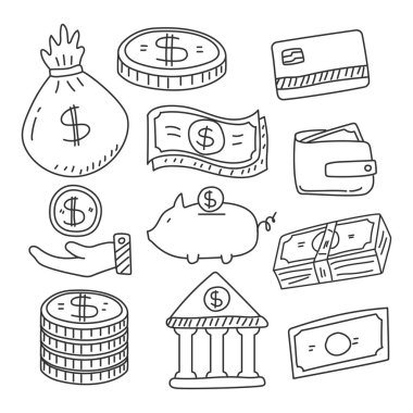 Set of money doodle hand drawn vector illustration such as coin, bag of money and more isolated on white background