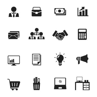 Set of business and office icon collection with black design isolated on white background	