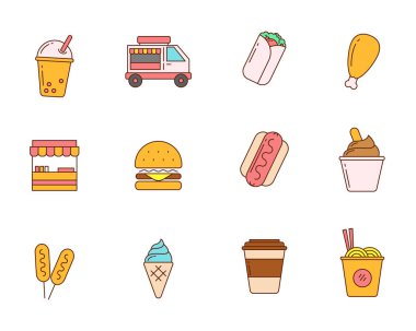 Set of colorful linear street foods vector illustration such as fried chicken, burger and more. Street foods icon