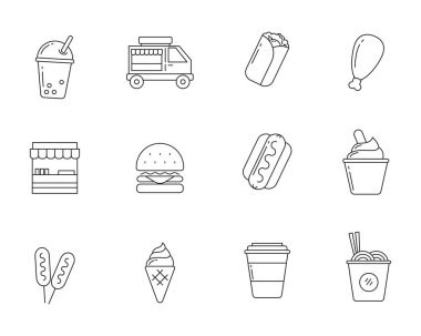 Set of street food icon in linear style isolated on white background such as food truck, burger, hot dog and more