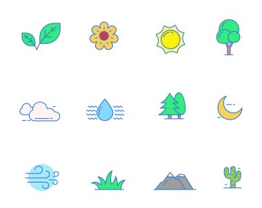 Colorful linear style of nature icons set such as leaf, flower and more, isolated on white background	