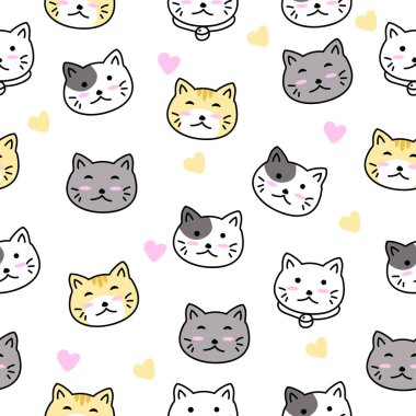 Cute cat face doodle seamless pattern with colorful design suitable for background or fabric	