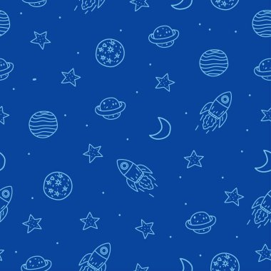Space doodle seamless pattern with dark blue color suitable for background or wallpaper	