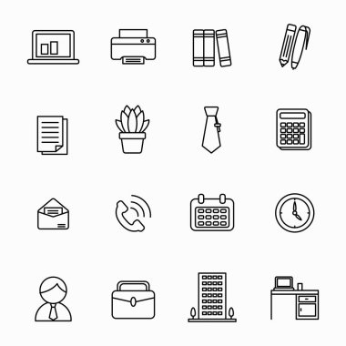 Set of office related icons draw in line design isolated on white background	
