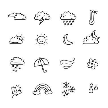 Set of weather icons draw in doodle style such as clouds, sun, thunder and more isolated on white background