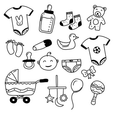 Set of baby shower graphics element draw in doodle style with black color isolated on white background