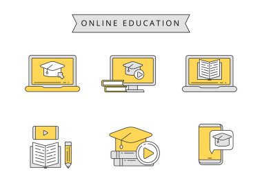 Online education concept vector illustration with colorful design. Linear color style of online education icons collection isolated on white background