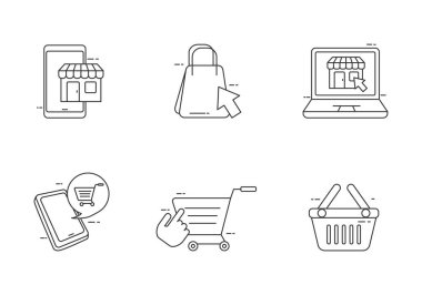E-commerce concept vector illustration draw in linear style. Outline style of online shopping icons collection