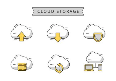 Cloud storage concept vector illustration isolated on white background. Cloud storage icons collection draw in linear color style