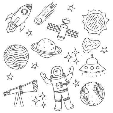 Set of outer space doodle hand drawn vector illustration isolated on white background	