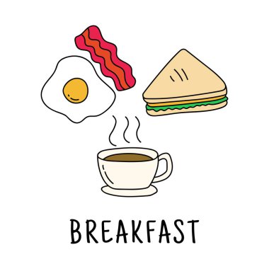 Breakfast foods cartoon illustration in cute hand drawn style such as coffee, egg, bacon and sandwich isolated on white background