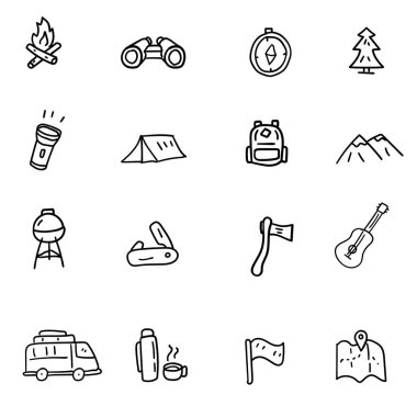 Set of camping related icons draw in doodle style isolated on white	