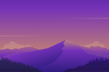 Beautiful sunset at mountain landscape scene vector illustration with minimalist design and purple color suitable for background or wallpaper