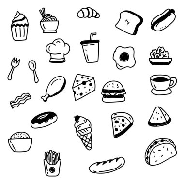 Set of foods doodle vector with black color such as burger, pizza, ice cream and more	