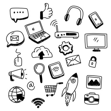 Set of internet related doodle vector with black color such as chatting, email, computer, phone and more
