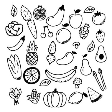 Set of vegetables and fruits vector draw in doodle style isolated on white background	