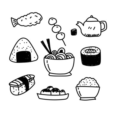 Hand drawn japanese foods doodle collection such as sushi, onigiri and more isolated on white background
