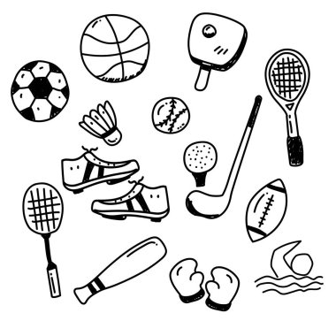 Set of sports vector draw in doodle style such as soccer, basketball, badminton and more