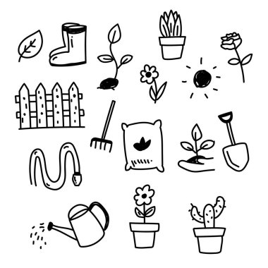 Set of garden and flower related doodle illustration such as shovel, watering can and more	