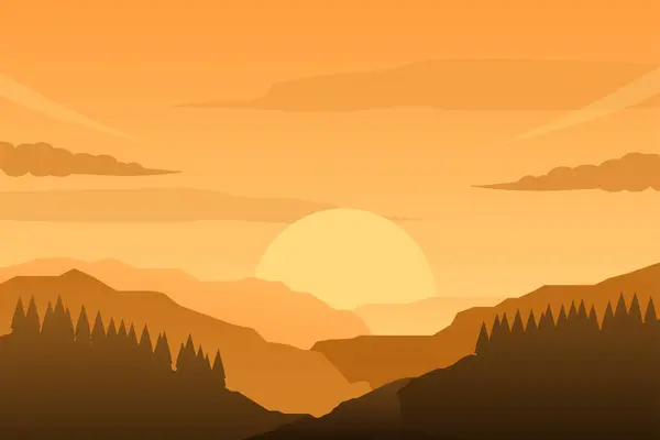 Sunset in mountain landscape vector illustration with orange color. Nature landscape background