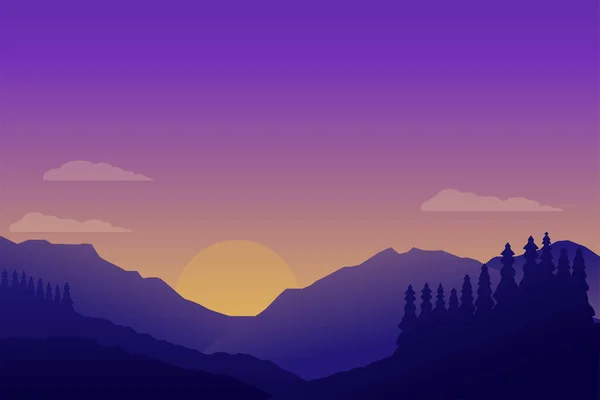 Beautiful sunset at mountain landscape scene vector illustration with minimalist design and purple color suitable for background or wallpaper