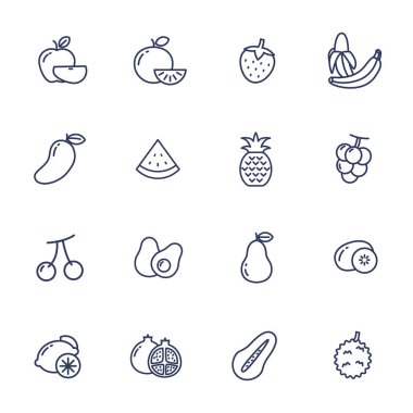 Outline fruits icon collection such as apple, watermelon, pineapple and more isolated on white background