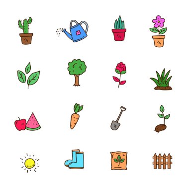 Colorful plant doodle collection in cute hand drawn style isolated on white background