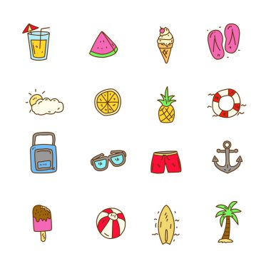 Summer icons collection with colorful doodle hand drawn style isolated on white background	
