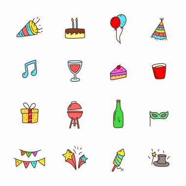 Set of colorful party doodle element such as cake, drink, gift box and more isolated on white background