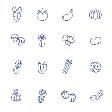 Vegetable icons collection in simple line design with blue color isolated on white background	