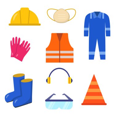 Set of safety equipment vector such as gloves, helmet and more isolated on white background	