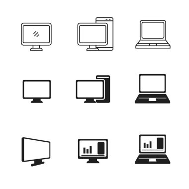 Computer icons collection draw in line and black design isolated on white background	