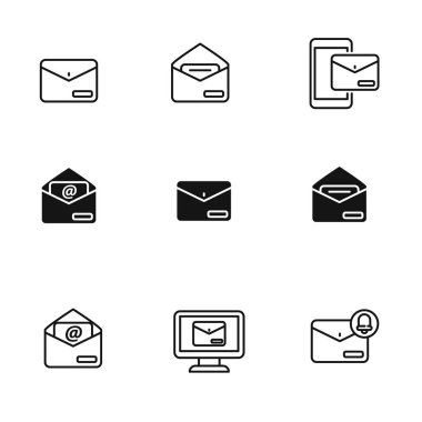 Mail icons collection draw in outline and black design isolated on white background. Simple mail vector illustration
