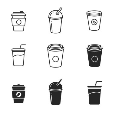 Takeaway drink icons collection draw in outline and black design isolated on white background. Set of simple disposable cup vector illustration