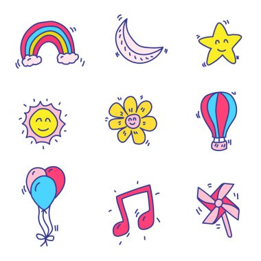 Star and miscellaneous things doodle vector drawn in hand drawn colorful design isolated on white background